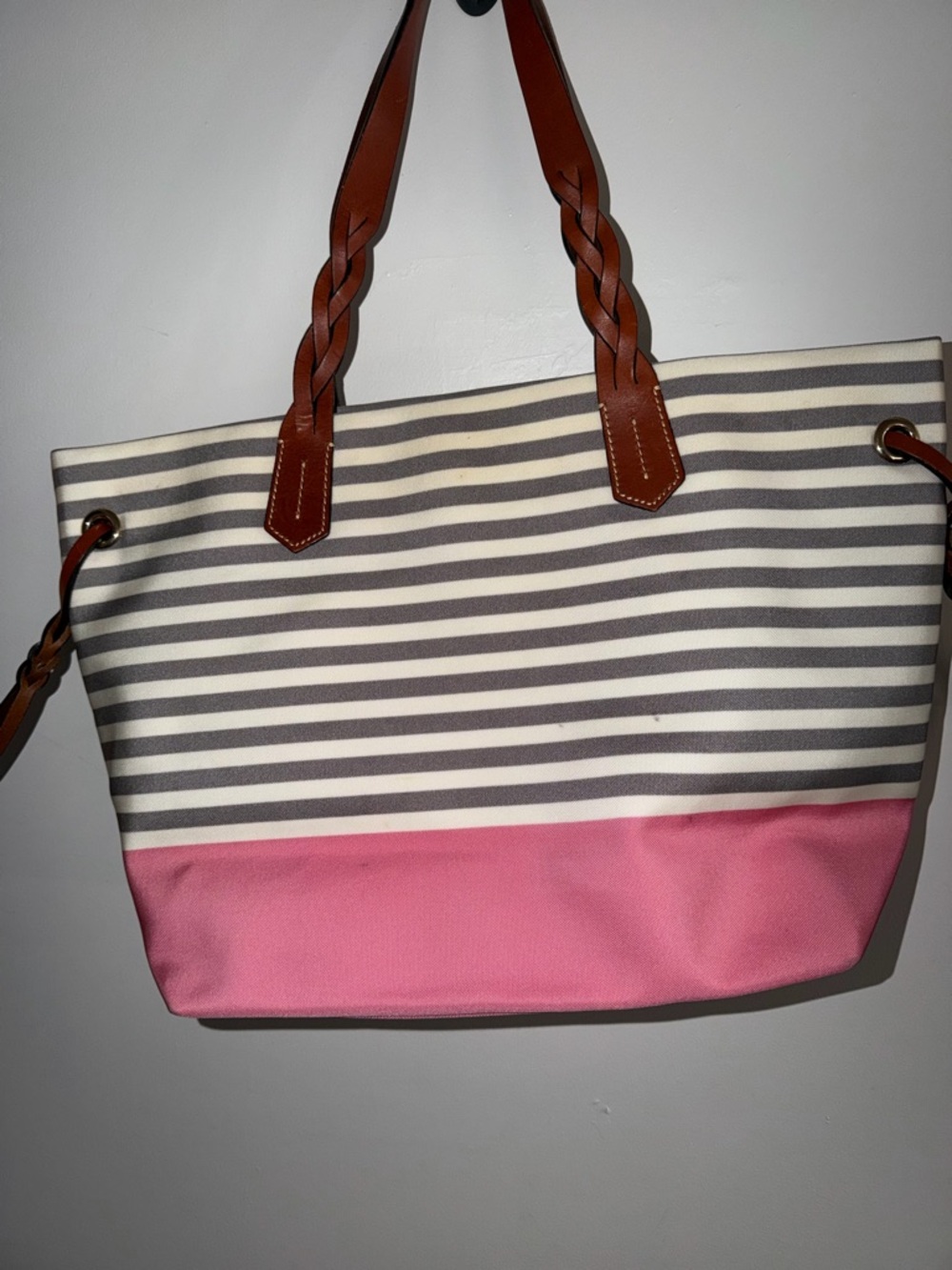 Dooney & Bourke Pink and Gray Striped Canvas Tote with Brown Leather Handles - Picture 2 of 5